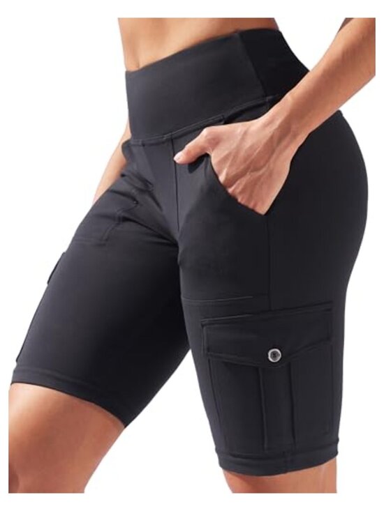 Pants - High Waisted Workout Biker Shorts with Cargo Pockets Tummy Control